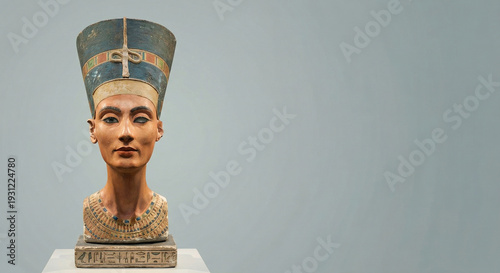 Ancient Egyptian Queen Nefertiti bust sculpture 3D rendering on neutral background