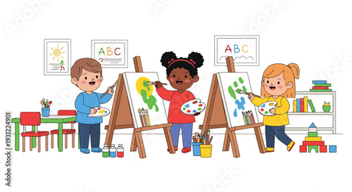 Modern flat vector illustration of children painting on easels in classroom representing creativity, art education and early childhood skill development