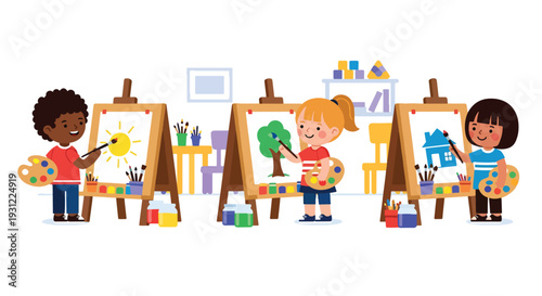Modern flat vector illustration of children painting on easels in classroom representing creativity, art education and early childhood skill development