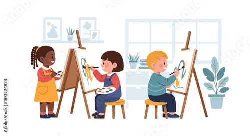 Modern flat vector illustration of children painting on easels in classroom representing creativity, art education and early childhood skill development