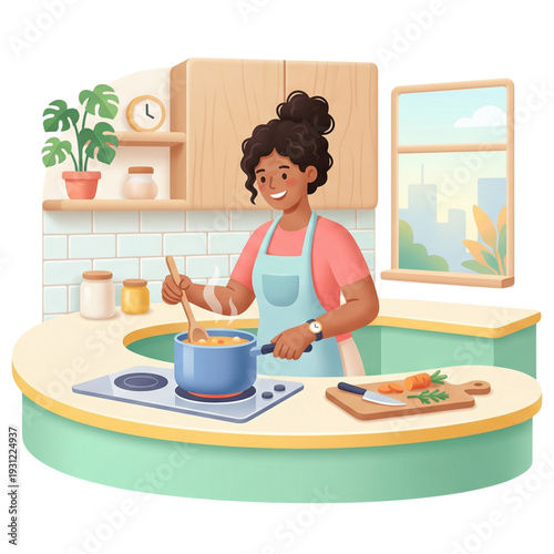 A smiling young mother and her child enjoy baking a homemade cake together at the kitchen table during a happy family breakfast preparation indoors