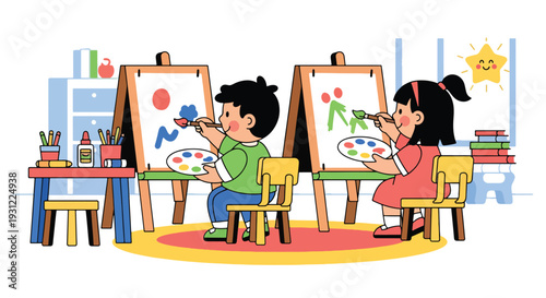Modern flat vector illustration of children painting on easels in classroom representing creativity, art education and early childhood skill development