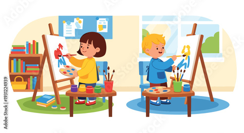 Modern flat vector illustration of children painting on easels in classroom representing creativity, art education and early childhood skill development