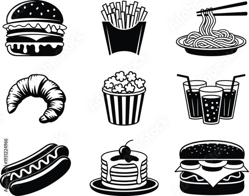 Black and white fast food icon set burger fries noodles croissant hotdog popcorn drinks pancakes vector illustration