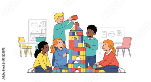 Modern flat vector illustration of kids building block tower together on classroom floor representing teamwork, motor skills and playful educational activity