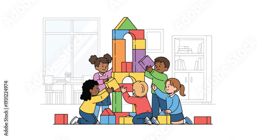 Modern flat vector illustration of kids building block tower together on classroom floor representing teamwork, motor skills and playful educational activity