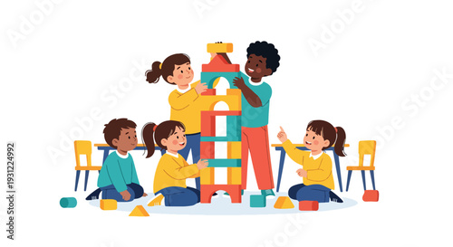 Modern flat vector illustration of kids building block tower together on classroom floor representing teamwork, motor skills and playful educational activity