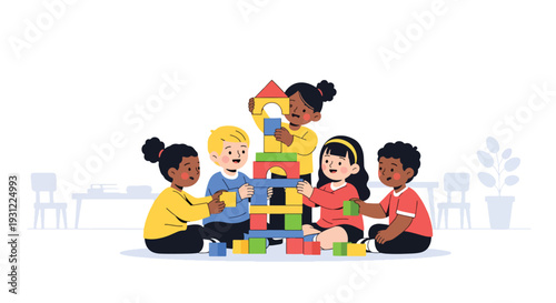 Modern flat vector illustration of kids building block tower together on classroom floor representing teamwork, motor skills and playful educational activity
