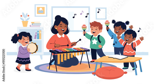 Modern flat vector illustration of kindergarten children singing and playing simple instruments with teacher representing music education and joyful classroom activity