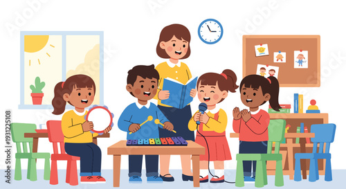 Modern flat vector illustration of kindergarten children singing and playing simple instruments with teacher representing music education and joyful classroom activity