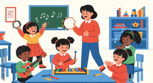 Modern flat vector illustration of kindergarten children singing and playing simple instruments with teacher representing music education and joyful classroom activity