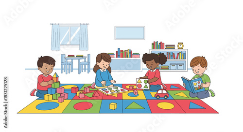 Modern flat vector illustration of preschool children playing with educational toys on classroom rug representing playful learning and early development