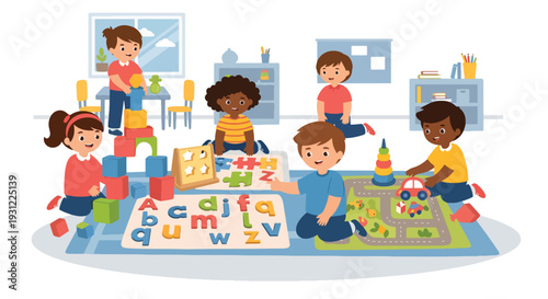 Modern flat vector illustration of preschool children playing with educational toys on classroom rug representing playful learning and early development