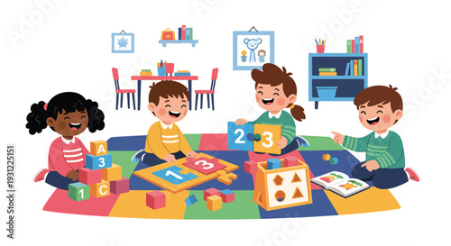 Modern flat vector illustration of preschool children playing with educational toys on classroom rug representing playful learning and early development
