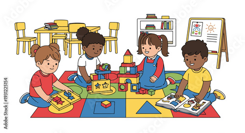 Modern flat vector illustration of preschool children playing with educational toys on classroom rug representing playful learning and early development