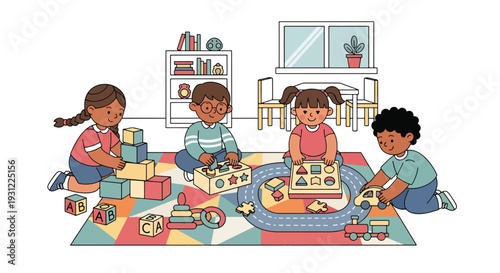 Modern flat vector illustration of preschool children playing with educational toys on classroom rug representing playful learning and early development