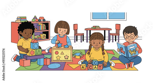 Modern flat vector illustration of preschool children playing with educational toys on classroom rug representing playful learning and early development