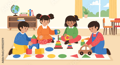 Modern flat vector illustration of preschool children playing with educational toys on classroom rug representing playful learning and early development