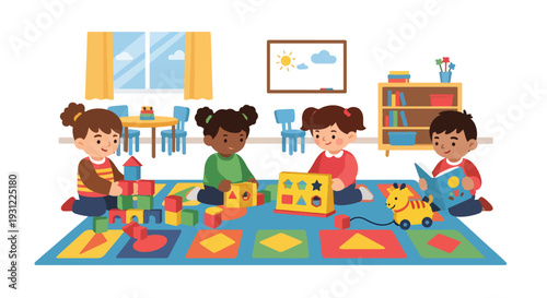 Modern flat vector illustration of preschool children playing with educational toys on classroom rug representing playful learning and early development