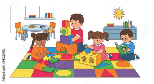 Modern flat vector illustration of preschool children playing with educational toys on classroom rug representing playful learning and early development