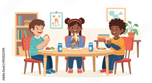 Modern flat vector illustration of children eating healthy snacks at classroom table representing daily school routine and social preschool environment