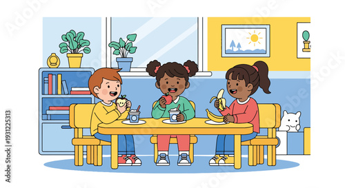 Modern flat vector illustration of children eating healthy snacks at classroom table representing daily school routine and social preschool environment