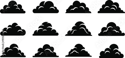 Black cloud silhouette set isolated on white background, cartoon smoke fog cloudscape collection vector illustration