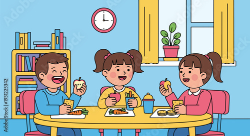 Modern flat vector illustration of children eating healthy snacks at classroom table representing daily school routine and social preschool environment