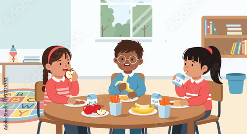 Modern flat vector illustration of children eating healthy snacks at classroom table representing daily school routine and social preschool environment
