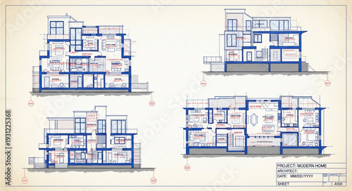 Architectural building cross section drawings of modern residential units.