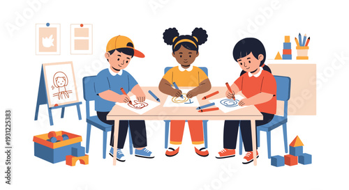 Modern flat vector illustration of children drawing with crayons at table representing creative expression, art learning and preschool classroom activity
