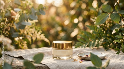 A luxurious golden jar of organic cream sits on a textured cloth surrounded by lush green foliage and soft bokeh in a serene garden setting.
