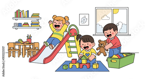 Modern flat vector illustration of kindergarten kids playing on indoor slide and toys representing joyful early childhood development and school activity