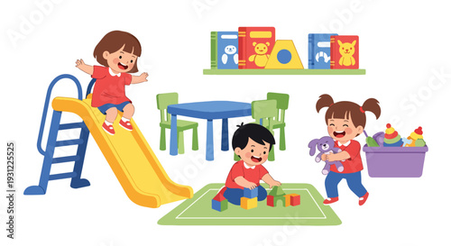 Modern flat vector illustration of kindergarten kids playing on indoor slide and toys representing joyful early childhood development and school activity