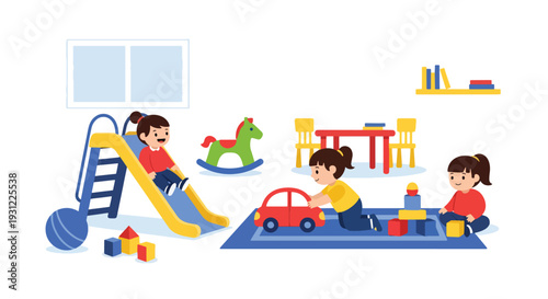 Modern flat vector illustration of kindergarten kids playing on indoor slide and toys representing joyful early childhood development and school activity