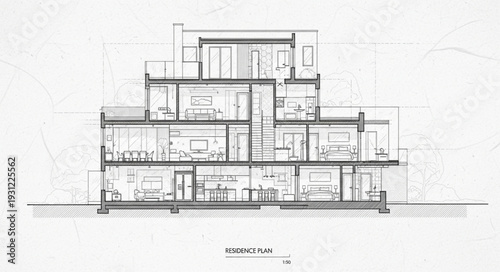 Architectural cross section drawing of a modern building interior.