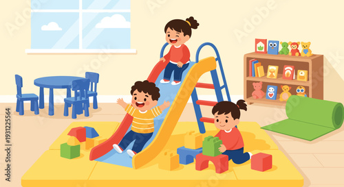 Modern flat vector illustration of kindergarten kids playing on indoor slide and toys representing joyful early childhood development and school activity