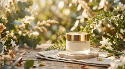 A luxurious jar of organic skincare cream rests on a linen cloth amidst lush green foliage and delicate white flowers, bathed in warm, soft sunlight.
