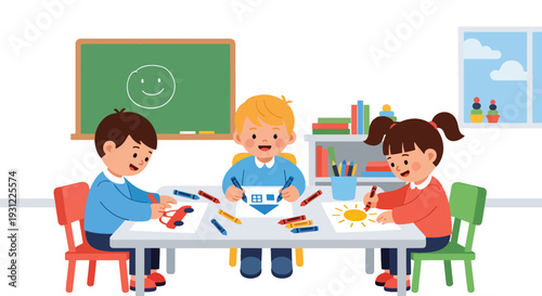 Modern flat vector illustration of children drawing with crayons at table representing creative expression, art learning and preschool classroom activity