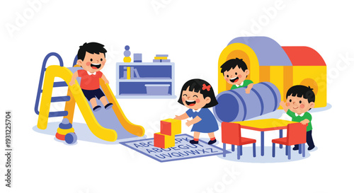 Modern flat vector illustration of kindergarten kids playing on indoor slide and toys representing joyful early childhood development and school activity