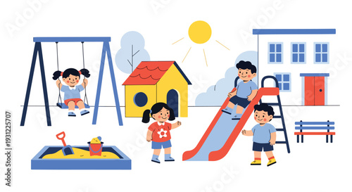 Modern flat vector illustration of kindergarten children playing on swings and slides in playground representing active lifestyle, social interaction and joyful early education