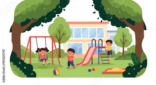 Modern flat vector illustration of kindergarten children playing on swings and slides in playground representing active lifestyle, social interaction and joyful early education