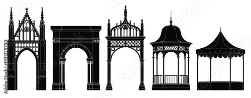Architectural Arch and Gazebo Silhouettes Set, featuring gothic and classical archways, outdoor pavilion and tent structures, solid black style illustrations, historic and decorative building elements