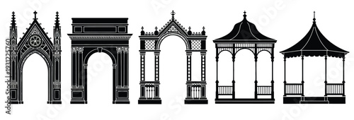 Architectural Arch and Gazebo Silhouettes Set, vector collection showing gothic and classical archways, outdoor pavilion structures, decorative tent forms, solid black silhouettes