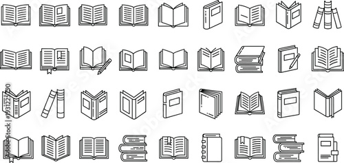 Open and closed book line icon set isolated on white background, education library outline vector collection