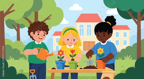 Modern flat vector illustration of kindergarten children planting flowers in school garden representing nature learning, teamwork and environmental education