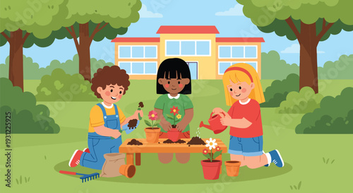 Modern flat vector illustration of kindergarten children planting flowers in school garden representing nature learning, teamwork and environmental education
