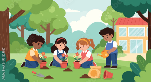 Modern flat vector illustration of kindergarten children planting flowers in school garden representing nature learning, teamwork and environmental education