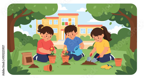 Modern flat vector illustration of kindergarten children planting flowers in school garden representing nature learning, teamwork and environmental education