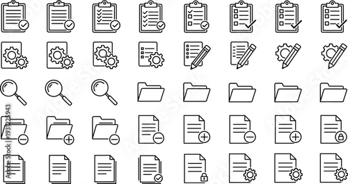 Document management and office file line icon set with checklist, folder, search and settings symbols